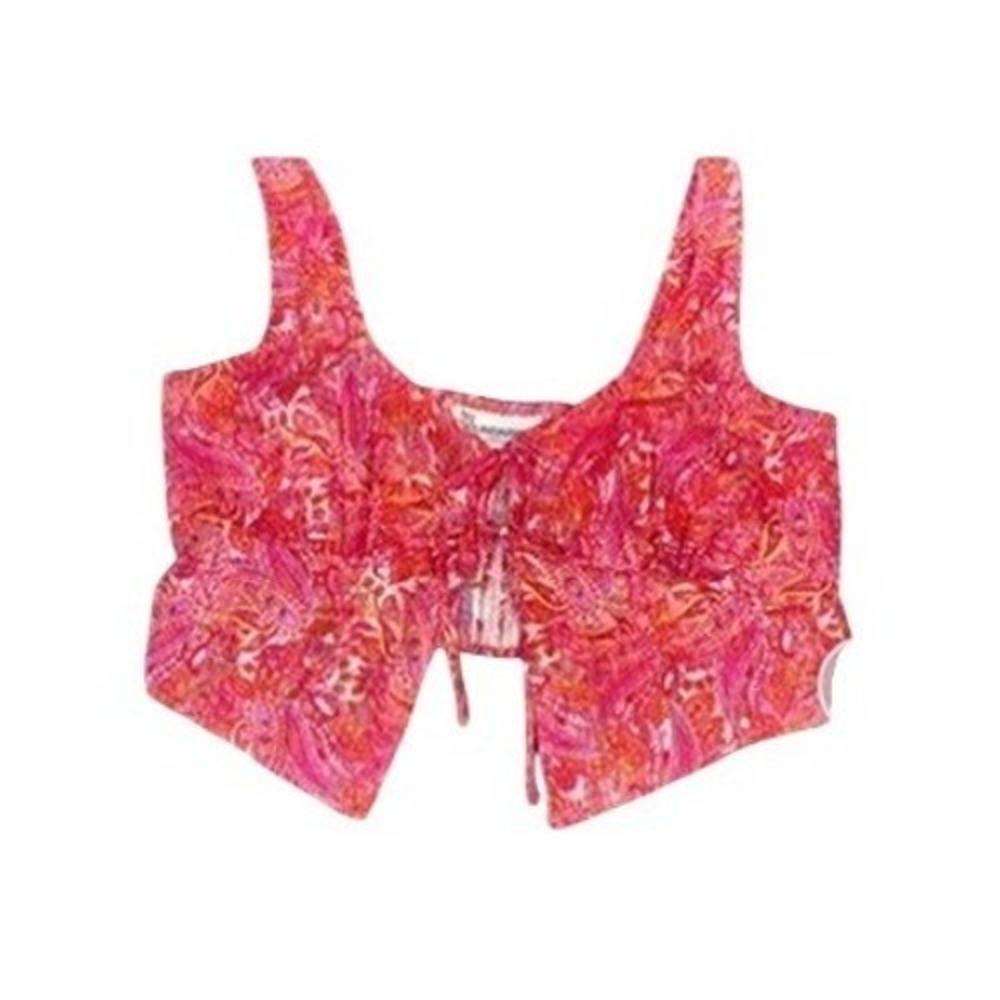 No Boundaries Pink Paisley Tie Front Handkerchief Hem Crop Top Coral Paradise L